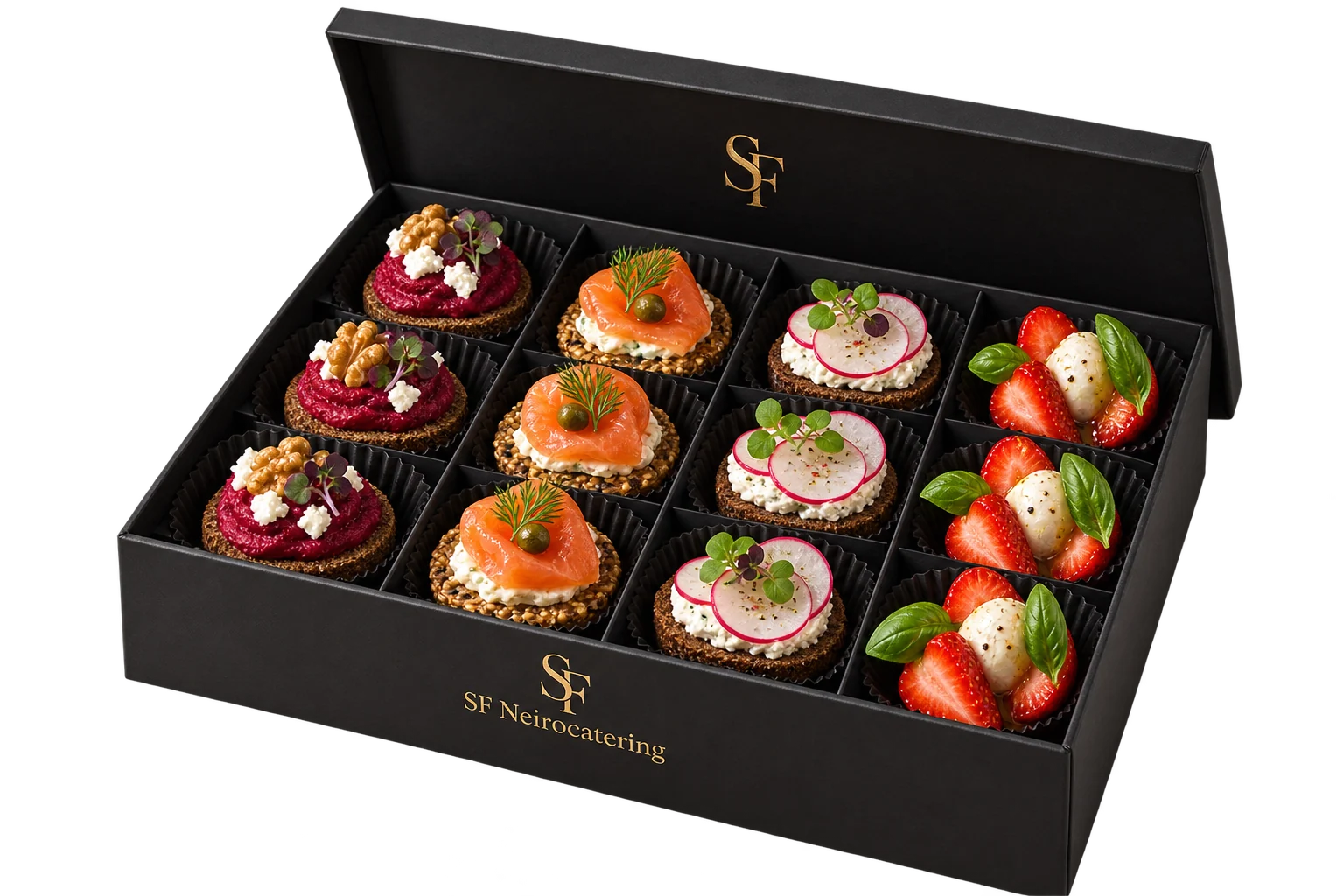 Чёрный бокс с золотой надписью SF Neirocatering: канапе с лососем, свёклой и фетой, редисом, клубникой и моцареллой
