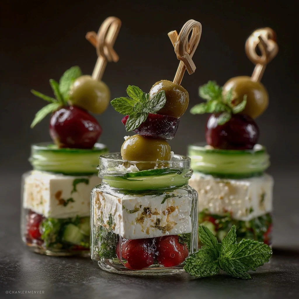 Закуска с белым сыром, огурцом, оливками и томатами в маленьких банках
